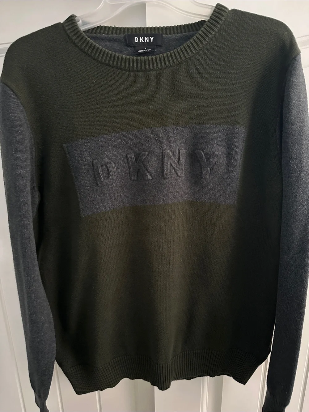 DKNY Olive Green and Gray Embossed Logo Crewneck Sweater
